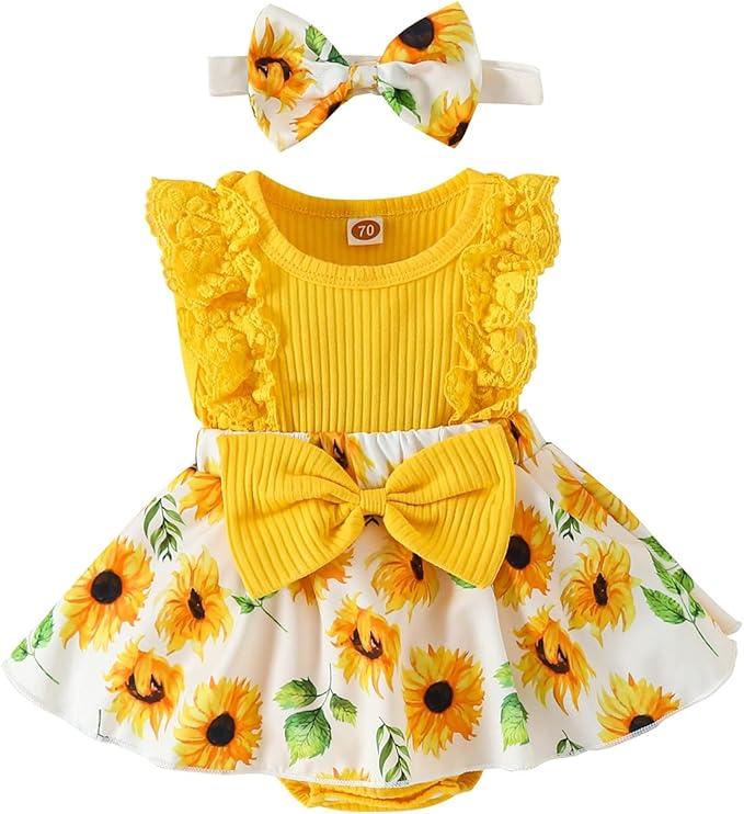 Infant Baby Girl Summer Outfits Lace Ruffle Short Sleeve Ribbed Romper Dress with Headband 1-18 Months (3-6 Months, Butterfly)