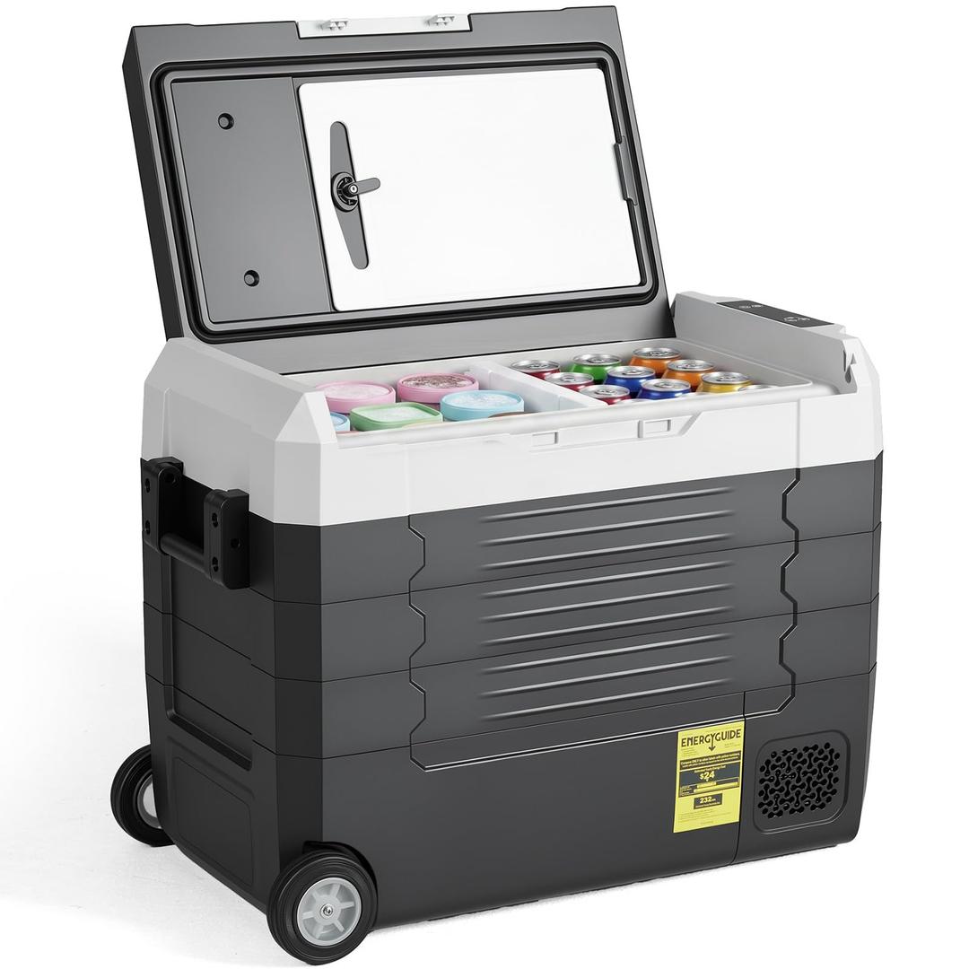 OLIXIS Portable Car Refrigerator, 53QT Dual-Zone Electric Cooler for Vehicles with Wheels & Cutting Board, -4-68 Freezer Smart Control via Bluetooth, Battery Protection, 12/24V DC & 100-240V AC