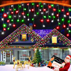 XURISEN 66ft Christmas Lights Decorations Outdoor, 640 LED 8 Modes Curtain Fairy Lights with 120 Drops,Plug in Waterproof Timer Memory Function for Christmas Holiday Wedding Party Decor (Red+Green+White)