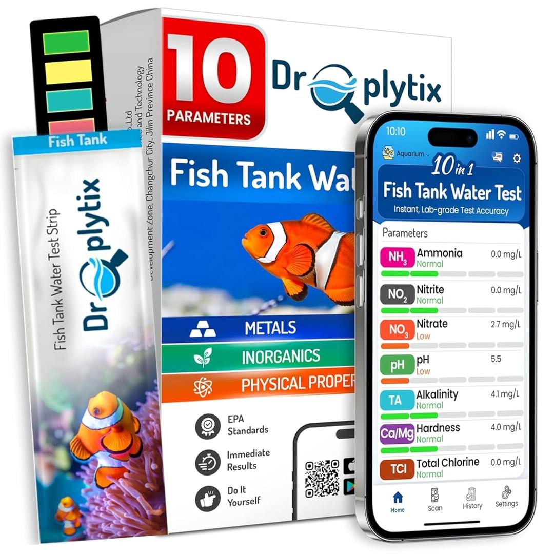 Digital Aquarium Water Test Kit, App-Enabled 10-in-1 Freshwater & Saltwater Aquarium Test Strips for Fish Tanks, Shrimp, Reef Test Strips, pH, Ammonia, Nitrate, Nitrite, GH, KH, Chlorine
