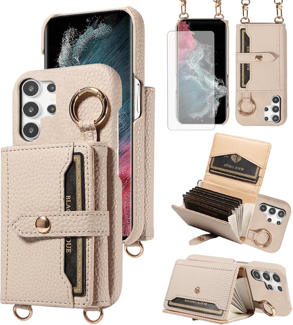 Wallet Case for Samsung Galaxy S21 Ultra 5G & Tempered Glass Screen Shoulder Strap Ring Buckle Flip Organ Purse, PU Leather Card Holder Stand Phone Cover for S21ultra 21S S 21 21ultra G5 White