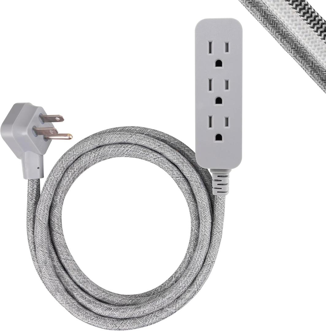 GE 3-Outlet Power Strip Surge Protector 8 Ft Braided Long Cord Extension Cord Surge Protector Power Strip Flat Plug Extension Cord 245 Joules ETL Listed Gray 45916