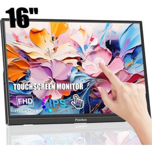 Portable Monitor Touchscreen 16 Inch FHD 1920x1200P HDMI USBC Travel Touch Screen Monitor IPS Display for PC Laptop Computer Ras Pi, 300cd/, Built-in Speakers
