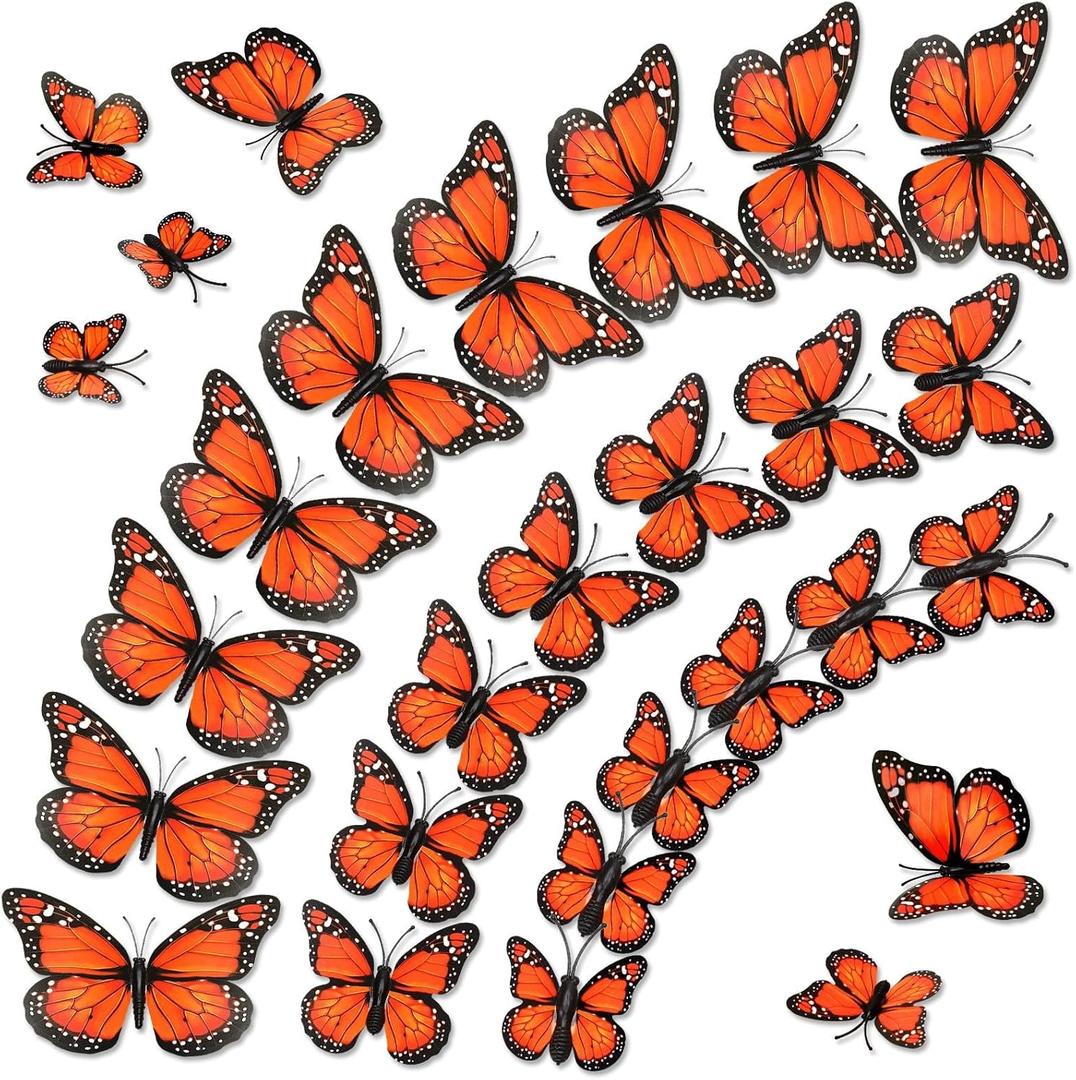 Monarch Butterfly Decorations, 60 Pcs 3D Artificial Monarch Butterfly 4 Sizes Orange Fake Butterflies Wall Decal for Home Party Day of The Dead Halloween Autumn Wedding Bedroom Craft Decor