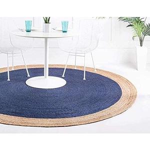 Rug Round Natural Jute Hand Woven Braided Area Rug Beige Blue Color Carpet (2x2 Feet Round)