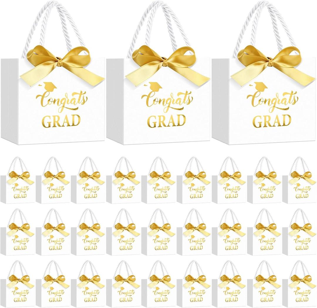 Moinchore 30 Pcs Graduation Gift Bags Bulk 5.5 x 4.7 x 2.5'' Small White and Gold Class of 2026 Treat Bags with Handles Bow Ribbon Congrats Grad Paper Party Favor Decorations for College High School