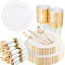 Liacere 350PCS Gold Plastic Plates-Disposable White and Gold Plates 50guest Baroque Plastic Dinnerware include 100Plates, 36Pack Pre Rolled Napkins with Silverware 50Cups for Wedding&New Years