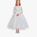 IDOPIP White First Communion Dresses for Girls Lace Flower Wedding Bridesmaid Pageant Birthday Baptism Party Maxi Tulle Gown, 13-14 Y