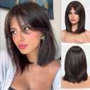 HAIRCUBE Dark Brown Wigs for Woemn Straight Wig with Curtain Bangs Shoulder Length Natural Synthetic Wig for Daily Use