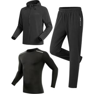 RPOVIG Men's Tracksuit Sweatsuits 3 Piece Windproof Jacket Long-Sleeve T-Shirts Pants Athletic Hiking Camping Jogger Outfits Small