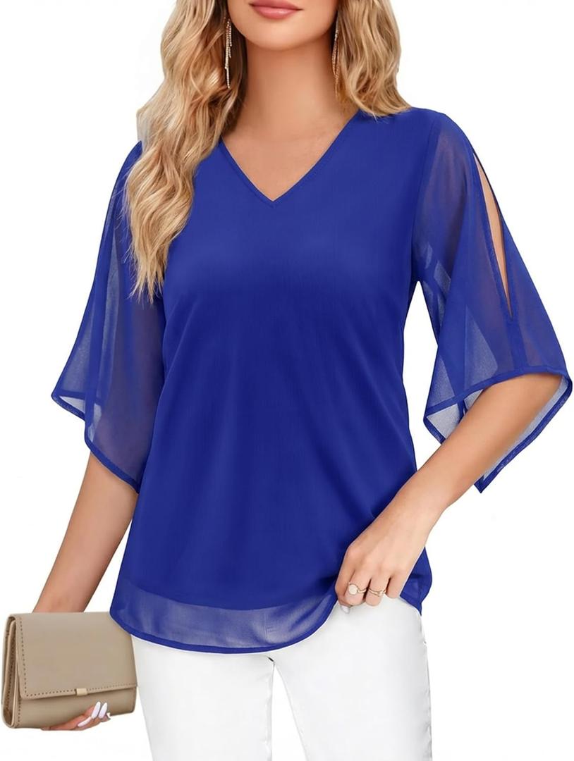 Uhiger 3/4 Length Sleeve Womens Tops V Neck Chiffon Blouse Dressy Casual Double Layered for Weekend Outings and Everyday Wear (X-Large, Royal Blue)