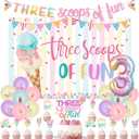 Jollyboom Three Scoops of Fun Birthday Decorations for Girls, Ice Cream 3rd Birthday Decoration Backdrop Banner Cake Cupcake Topper for Girl Summer Ice Cream Theme Three is So Sweet Party