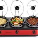 Elite Gourmet EWMST-325R Maxi-Matic Triple Slow Cooker Buffet Server Adjustable Temp Dishwasher-Safe Oval Ceramic Pots, Lid Rests, 3 x 2.5 Qt Capacity, Red
