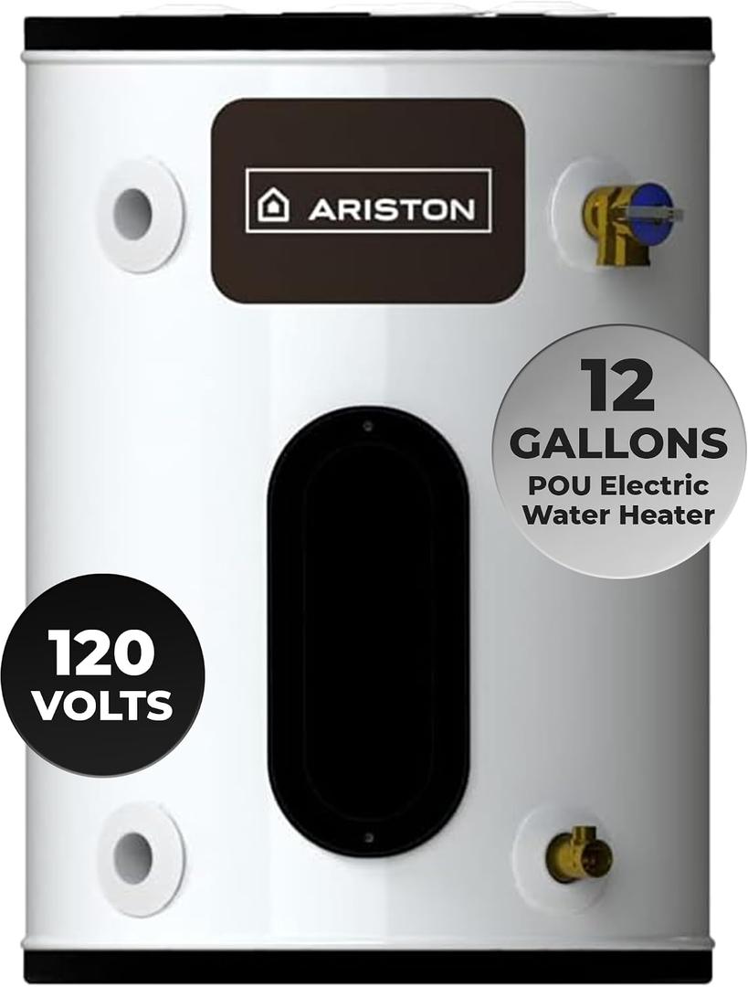 12 Gallon, 120V – Ariston Electric Water Heater – Compact Point of Use Tank for RV, Camper, Small Spaces, Plug-in Heating Solution for Under Sink, Versatile Electric Tank for Bathroom, Shower