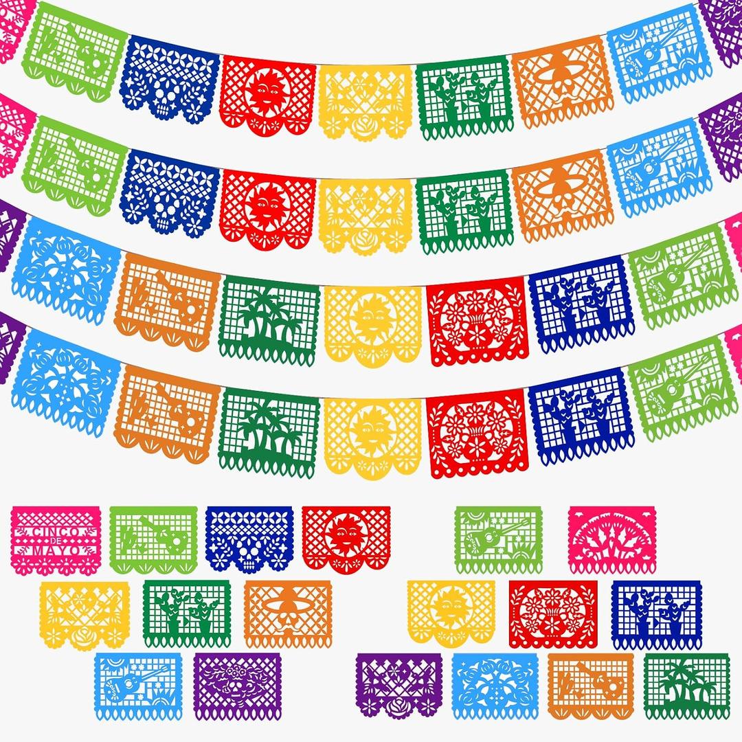 4 Pack Mexican Party Banner, 72 FT Long Plastic Papel Picado Decorations, Balanced Cinco de Mayo & Classic Mexican Banner Set, Colorful Hanging Banner for Backyard Birthday Classroom Party Decor