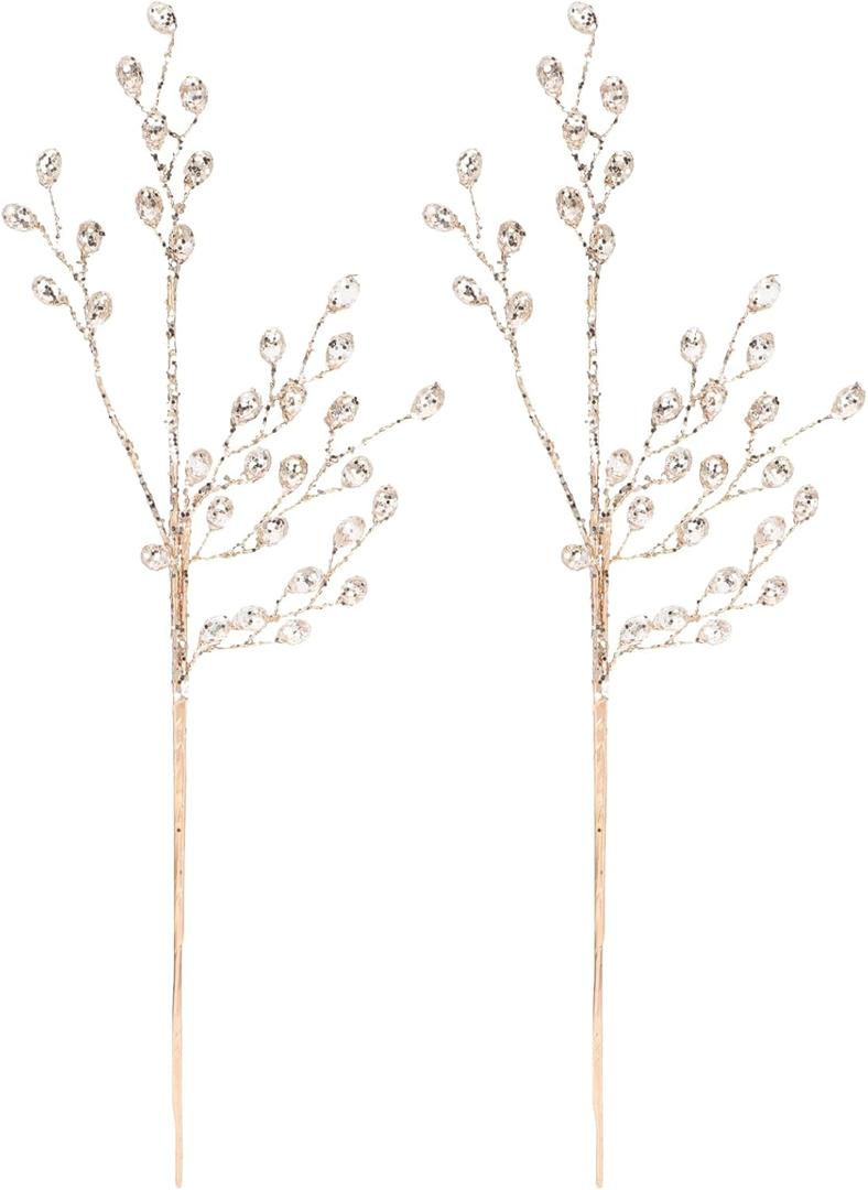 2Pcs Acrylic Bead Drop Crystal Flower Stem Branches Artificial Bouquet Floral Picks for Wedding DIY Crafts Christmas Tree Decorations (11.8 inch)