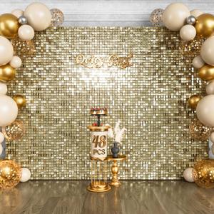Qcity Light Gold Shimmer Wall Backdrop 48PCS, Black Back Not See-Through Design, Square Sequin Glitter Backdrop Panel, Perfect for Outdoor Events, Birthdays, Weddings, and Party Decoration