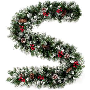 9FT Flocked Christmas Garland, Artificial Snowy Xmas Garland, Indoor Outdoor Winter Garland with Pine Cones and Red Berries for Christmas Decorations Table Mantle Room