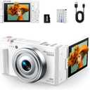 4K Digital Camera for Photography, 72MP Vlogging Camera for YouTube, Autofocus Digital Cameras with 270 Flip Screen, 18X Digital Zoom Point and Shoot Cameras with 64GB TF Card & Battery, Carry Bag (Pure White)