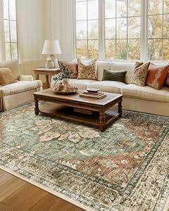 RELEANY Area Rugs 7'x9' Washable Non-Slip, Floral Vintage Distress Print Pattern Medallion Carpet for Living Room Bedroom Dining Room, Brick Red Rust Neutral Brown Burnt Orange Green