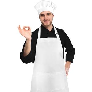 NLUS White Chef Hat and Apron, Adjustable Chef Costume Set, Kitchen Cooking Baking Apron with 2 Pockets for Men and Women