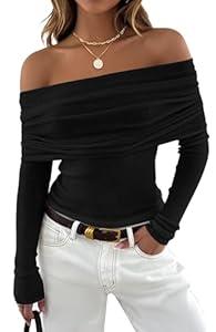 ZESICA Long Sleeve Shirts for Womens Ribbed Knit Off Shoulder Slim Fit Going Out Tops Outfits 2025 Trendy Fashion Clothes, Black, Medium