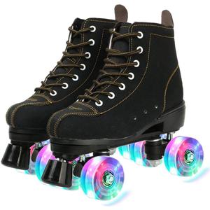 XUDREZ Cowhide Roller Skates for Women and Men High-Top Shoes Double-Row Design,Adjustable Classic Premium Roller Skates (43-US Men 8.5-Women 10, black flash wheel)