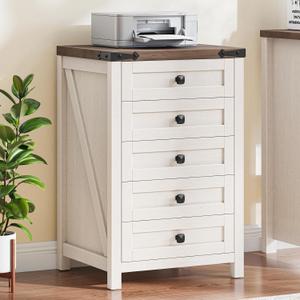 Halitaa 5 Drawer File Cabinet Office Drawers Organizer, Under Desk Cabinets with 5 Drawers, Small Printer Stand for Home Office Storage Craft Room, Rustic White and Brown