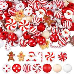 Waydress 200 Pcs Christmas Beads for Crafts Christmas Wooden Beads Bulk for Jewelry Making Red and White Beads Xmas Santa Gingerbread Candy Beads for Christmas Tree Garland DIY Holiday Hanging Decor