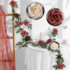 5FT Artificial Rose Flower Burgundy Fake Floral Garland for Wedding Ceremony Backdrop Arch Flowers Table Centerpieces Decorations (1, Burgundy & Ivory Cream)