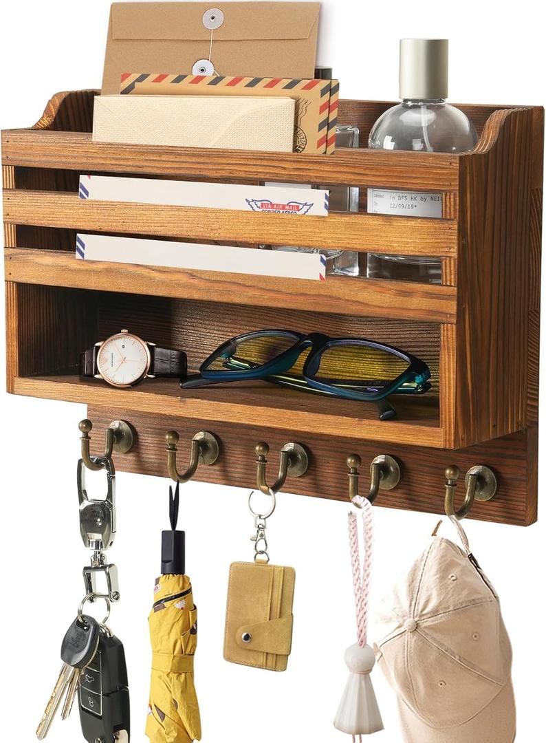 Mail and Key Organizer for Wall  Key Holder Wall Mount with Storage Box and 5 Key Hooks, Mail Holder Wall Mounted for Entryway, Apartment, Office, Home Decor Organization (Brown)
