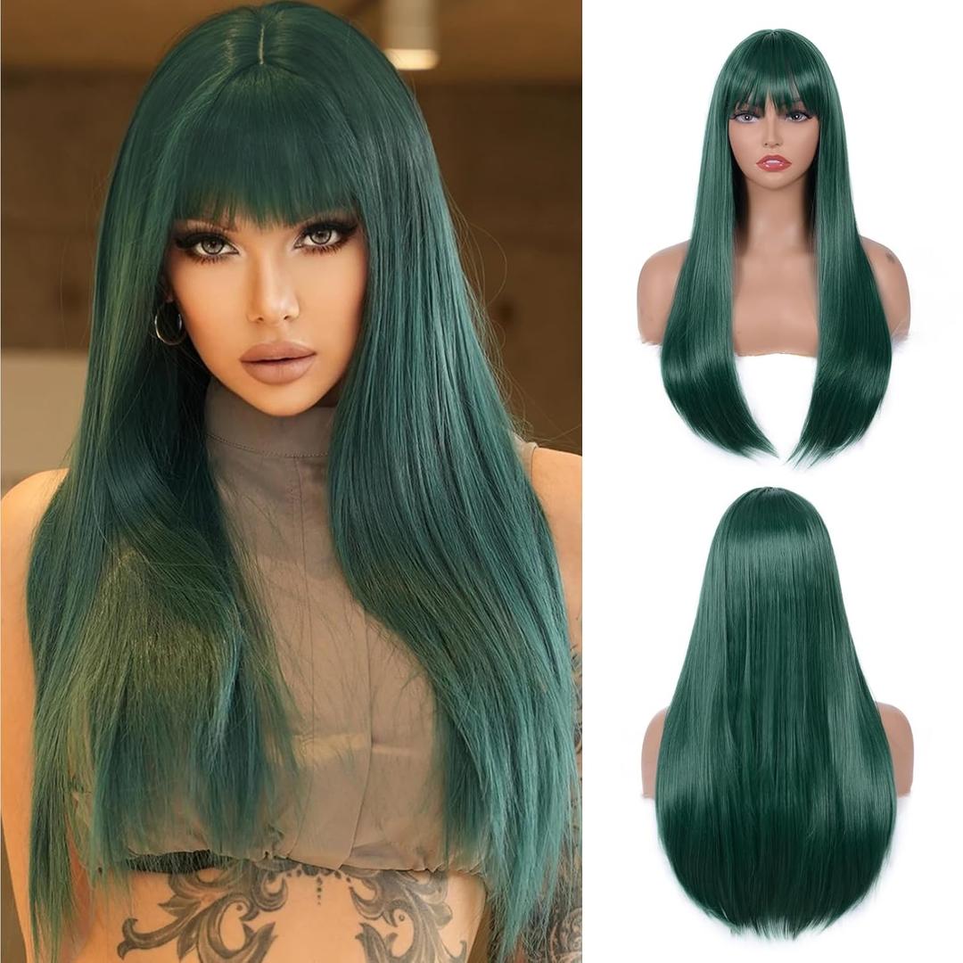 Green Wig with Bangs for Women  Long Straight Heat Resistant Synthetic Wig for Daily Use, Party, Halloween, Cosplay  24 Inch Green Wigs for Girls