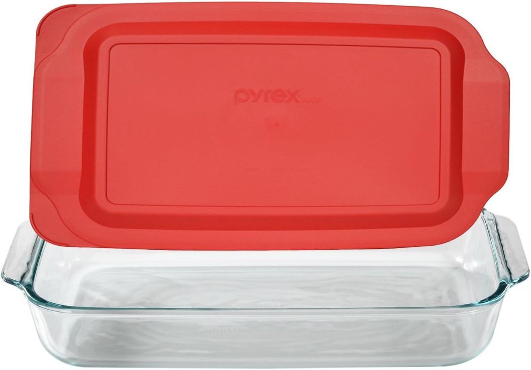Pyrex Basics 3 Quart Glass Oblong Baking Dish with Red Plastic Lid -9 inch x 13 inch x 2 inch - Original Genuine Pyrex - Made in the USA