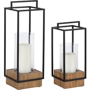 Kate and Laurel Brandt Farmhouse Two-Piece Candle Holder Set; 7 x 7 x 19; Hazelnut and Black; Transitional Wood and Metal Lantern Candle Holders for Fireplace Mantel Display
