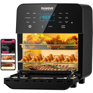 Nuwave Brio 15.5Qt Air Fryer Rotisserie Oven, X-Large Family Size, Powerful 1800W, 4 Rack Positions, 50-425F Temp Controls, 100 Presets & 50 Memory, Integrated Smart Thermometer, Linear T Technology, 15.5-Quart