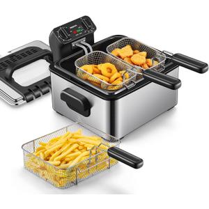 Reemix 4.5L Electric Deep Fryer with 3 Stainless Steel Baskets
1700W, 2 x 2-Qt and 1 x 4-Qt Baskets, Viewing Window, Adjustable Timer and Temperature up to 400°F, Breakaway Cord