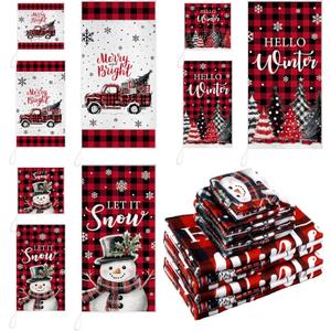 Bencailor Red,Black 9 Pcs Christmas Bathroom Towels Set Red and Black Buffalo Check Towel Snowman Truck Christmas Tree Decoration for Bathroom Xmas Parties Restaurant Winter Housewarming Gifts