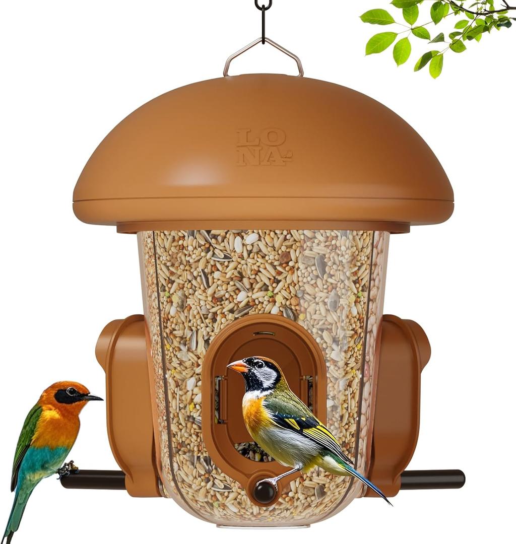 LONA Bird Feeders for Outdoors Hanging  3 Separate Compartments, 3 Feeding Ports, Weatherproof Dome & 3 Ways to Hang, Large Capacity for Cardinals/Finches (Brown (Normal)