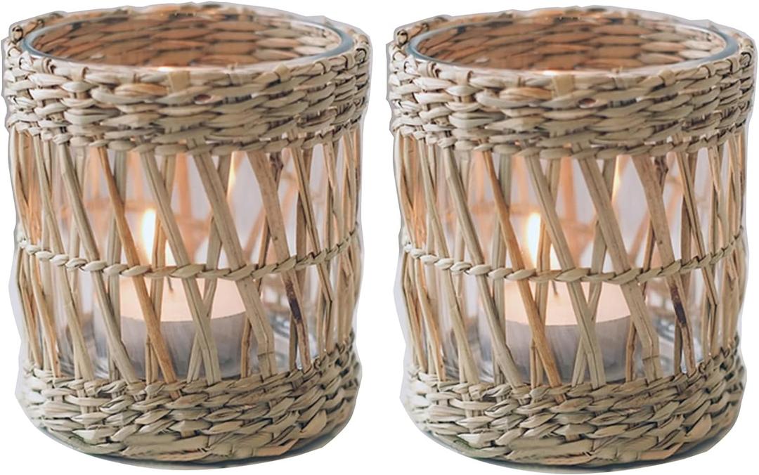 Wicker Rattan Woven Tea Light Candle Holder Set of 2, Handcraft Woven Votive Candle Holder, Rustic Vintage Seagrass Glass Votive Candle Holders for Dining Table Christmas Decoration