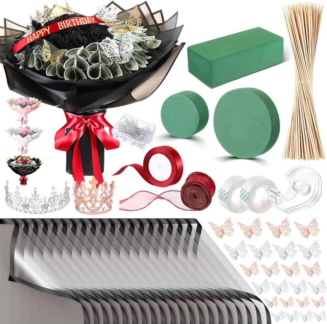 XunYee Bouquet Kit 20 Sheet Flower Wrapping Paper 100 Pcs Bamboo Skewers Floral Foam Blocks for Anniversary Birthday Gift Graduation Mother's Day(Transparent Black)