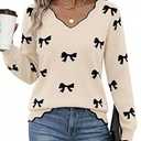 LaGracia Womens Fall V Neck Sweater 2026 Lightweight Casual Long Sleeve Ribbed Knit Pullover Sweaters Dressy Fall Outfits Apricot Bow Small