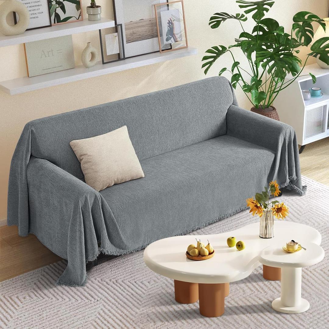 KinCam Couch Covers for 3-4 Cushion Couch Sofa Cover Washable Sectional Couch Cover for Dogs Tassel Sofa Blanket Cover Pet Friendly Soft and Durable for Most Furniture(71" x 150", Grey)