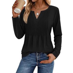 Zeagoo Womens Long Sleeve Tops 2026 V Neck Pleated Shirts Dressy Casual Tunic Blouses Loose Fit Fall Fashion Clothes (X-Large, Black)