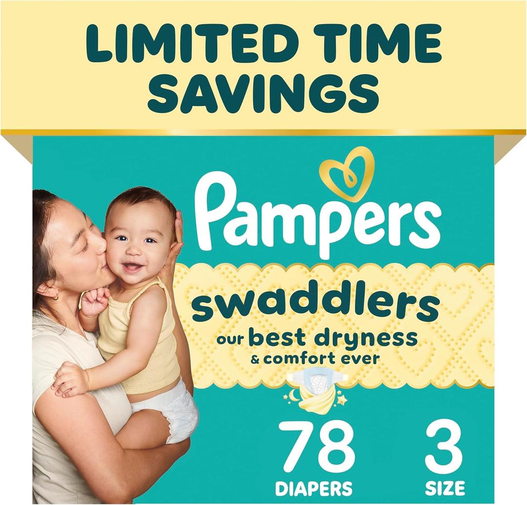 Pampers Swaddlers Diapers, Size 3 (13-26 lbs), 78 Count, Absorbent, Keeps Baby Dry and Comfortable, Skin Safe Disposable Baby Diaper