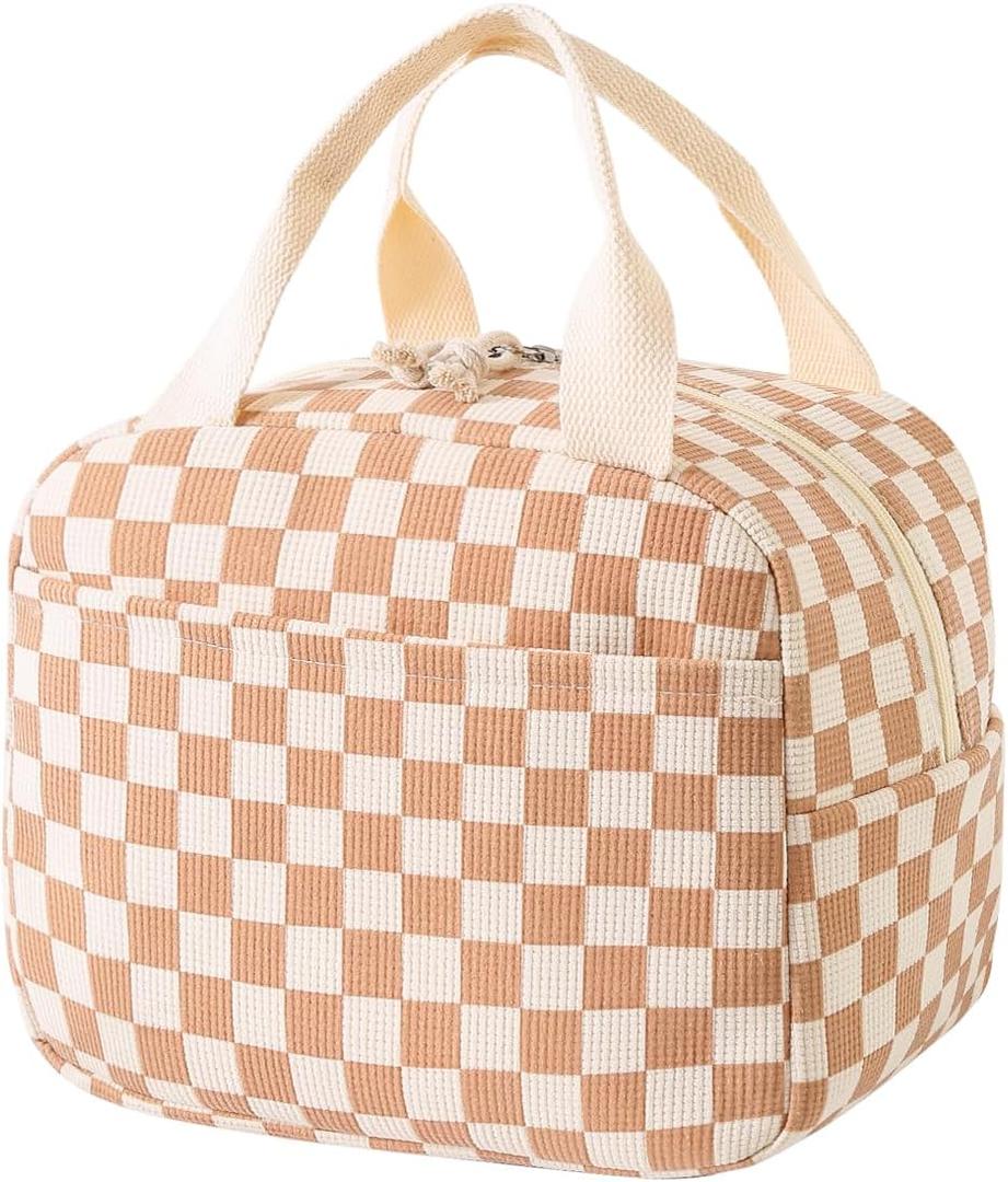 Corduroy Lunch Bag for Women Men Cute Lunch Tote Bags Reusable Insulated Lunch Box Large Capacity Reusable Insulated Cooler for Work/Picnic/Travel (Corduroy Checkered Brown)