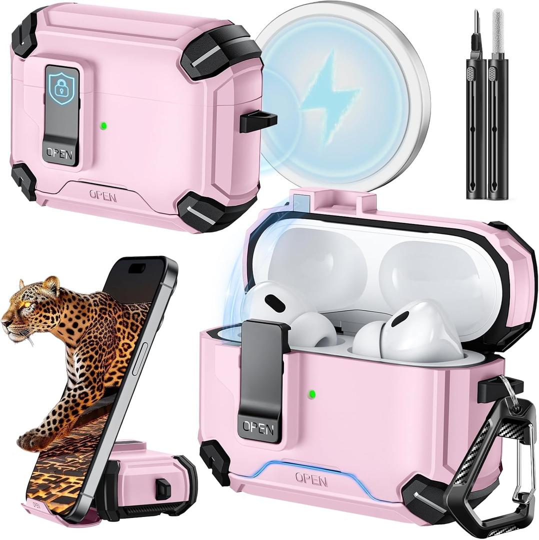 Inesore Compatible with AirPods Pro 2nd/1st Generation Case Cover with Phone Stand & Cleaning Kit,Compatible with Magsafe,Magnetic Automatic Lock for iPod Pro Charging Case(USB-C/Lightning Cable)