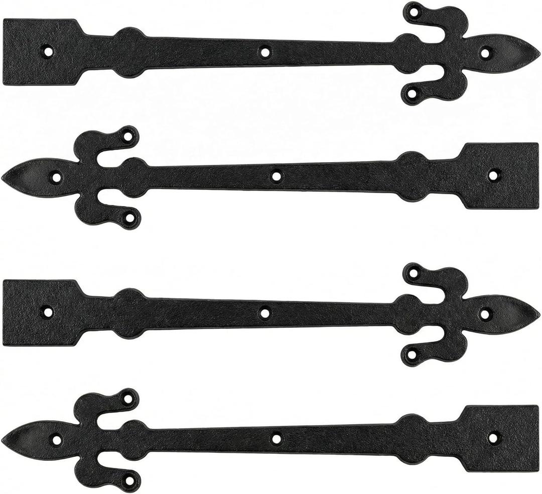 4 Pack 12'' Heavy Duty Decorative Garage Door Hinges Matte Black Powder Coated Dummy Barn Gate Hinges Strap Metal Garage Door Hardware for Barn Gate Cabinet Shutter Shed Fleur De Lis Style