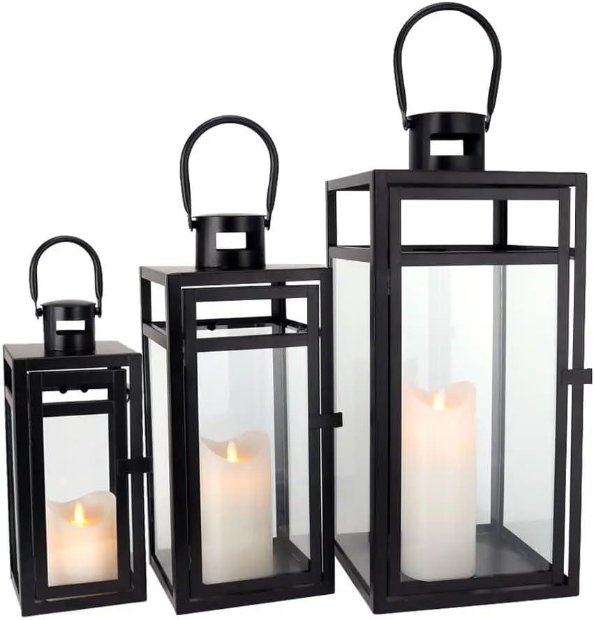Hanging Decorative Black Iron Lanterns Set of 3 - Assorted Sizes- with Tempered Glass (Candles not Included) Rust Resistant - Indoor and Outside