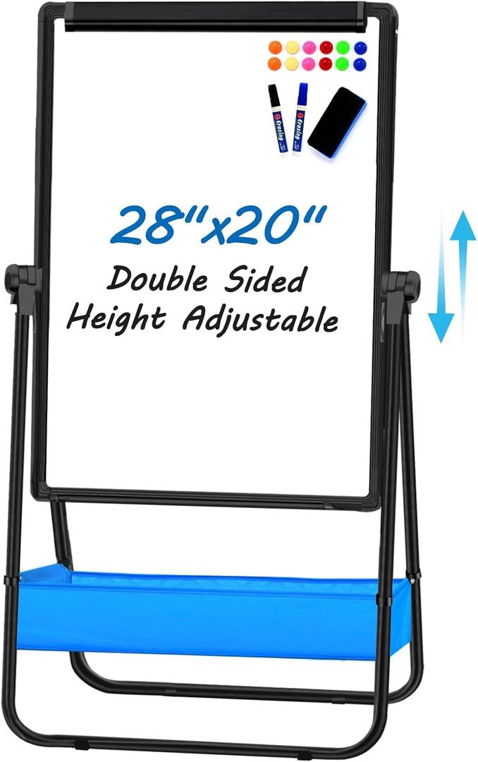 Dry Erase White Board with Stand Double Sided 28"X20" Magnetic U Standing Easel Whiteboard, Height Adjustable & 360 Rotation Portable White Boards for Classroom, Home & Office