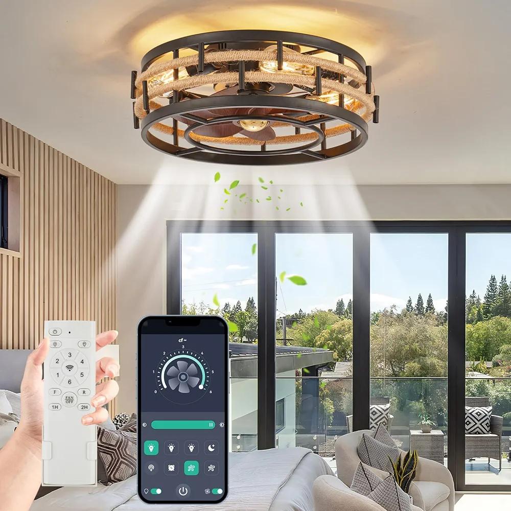 18" Caged Ceiling Fan with Lights Remote Control, Rustic Flush Mount Ceiling Fan with Reversible Motor, 6 Speeds Farmhouse Boho Low Profile Ceiling Fans for Bedroom Kitchen